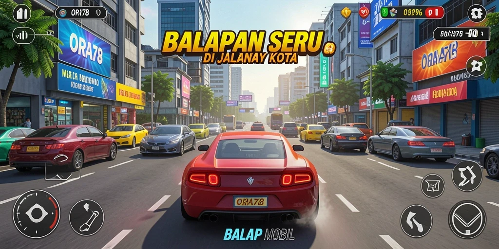 Screenshot ORA78 menampilkan serunya balapan di jalanan kota.
